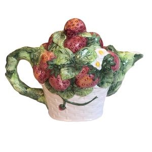 Teapot Basket of Strawberries and Greenery